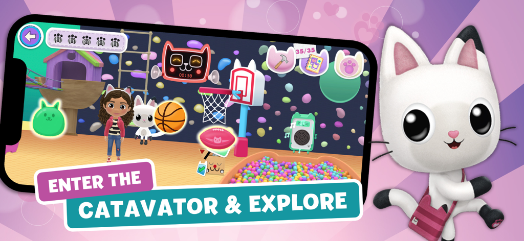Gabby and Pandy Paws in a colorful cat themed playroom with a ball pit and basketball hoop