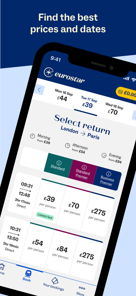 ユーロスターアプリの画面、ロンドンからパリへの列車のチケット価格と時刻を表示