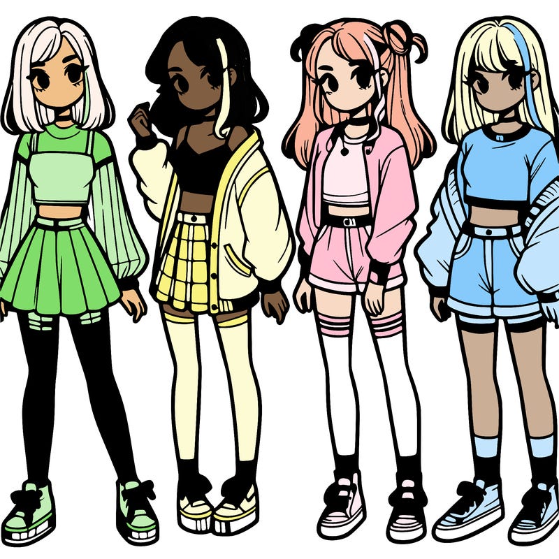 one girl with crop-top shirt and a jacket with a skirt, long socks and another girl with a shirt and pants with a jacket