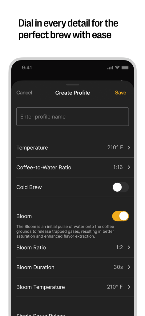 Fellow - A tela do aplicativo Fellow para criar um perfil de preparo personalizado com parâmetros de café ajustáveis, como temperatura e proporção de pré-infusão