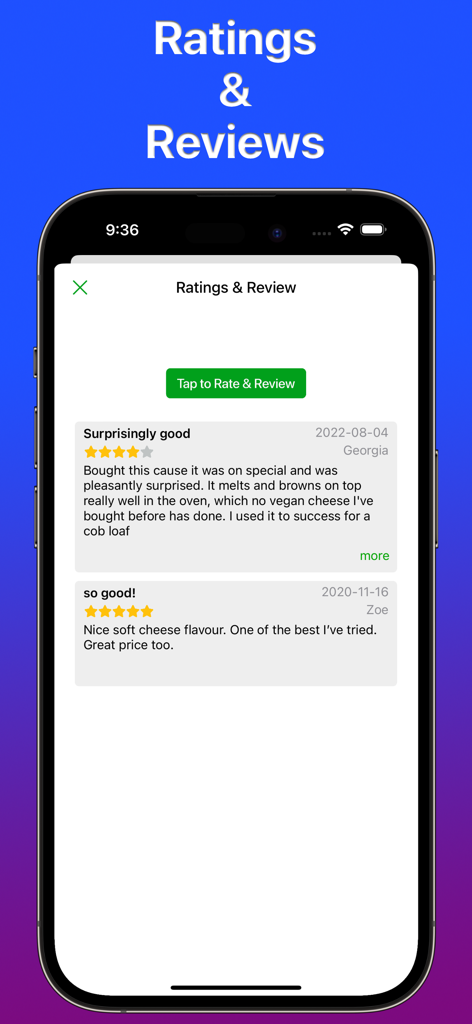 Allergen Scan - Pantalla de aplicación móvil que muestra las calificaciones y reseñas de los clientes para productos alimenticios veganos.