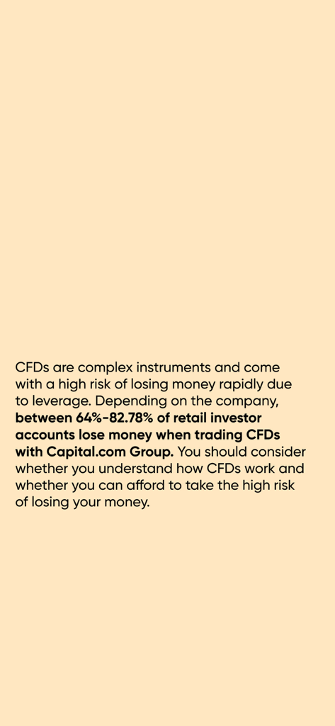 A legal disclaimer screen in the Investmate app explaining the high risks and loss statistics associated with CFD trading.