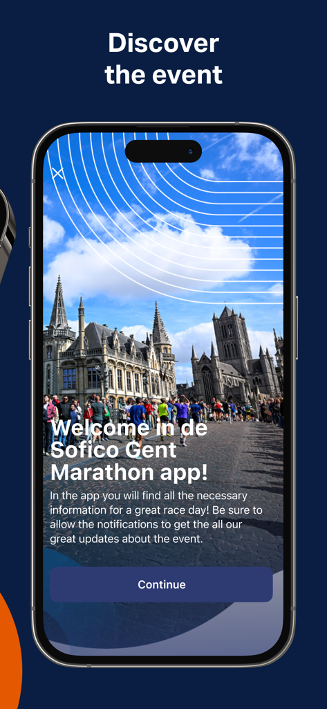 Écran de bienvenue de l'application Sofico Gent Marathon avec une vue historique de la ville de Gand