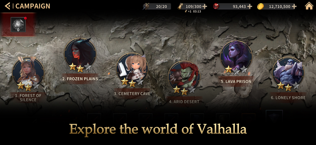 Gods Raid : Team Battle RPG - Gods Raid campaign map showing various regions in the world of Valhalla