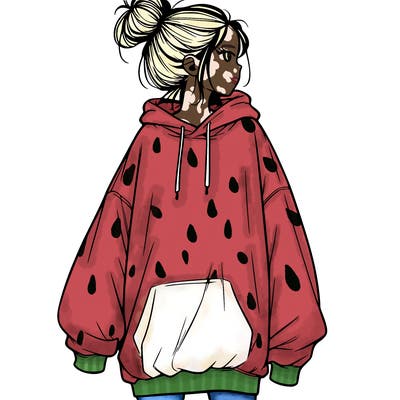 realistic girl with a oversized sweatshirt on and a bun