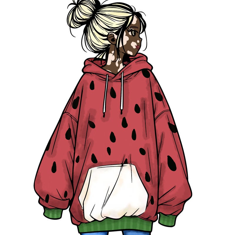 realistic girl with a oversized sweatshirt on and a bun