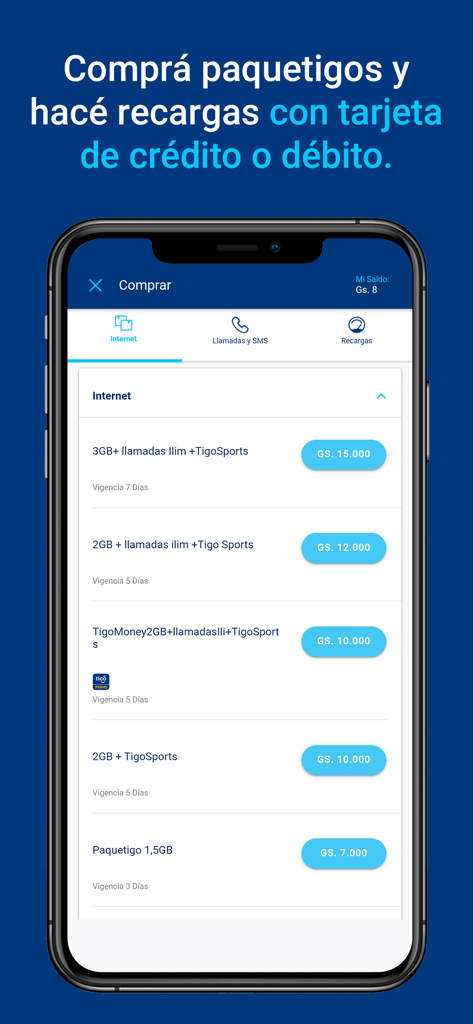Mi Tigo Paraguay - Interface of the Mi Tigo Paraguay app displaying available internet data packs and recharge options using credit or debit cards.