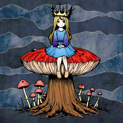 realistic girl sitting on a huge tree stump size toadstool with thorn crown