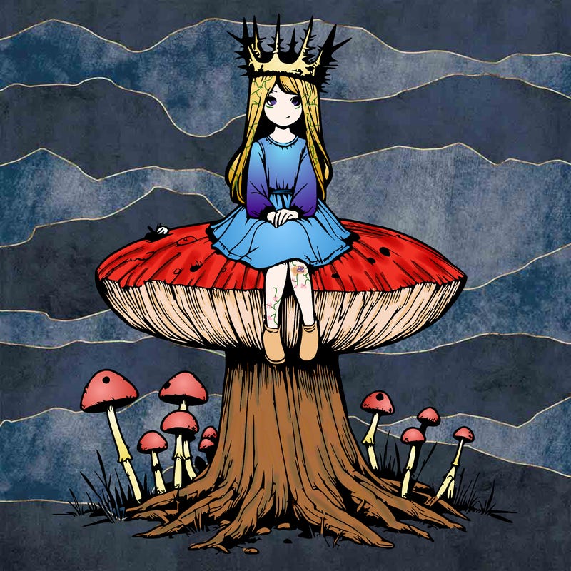 realistic girl sitting on a huge tree stump size toadstool with thorn crown