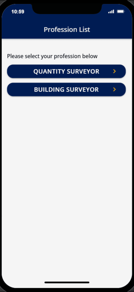 Pantalla en la aplicación RICS APC Revision que muestra botones de selección para las vías de Topógrafo de Cantidad y Topógrafo de Edificios