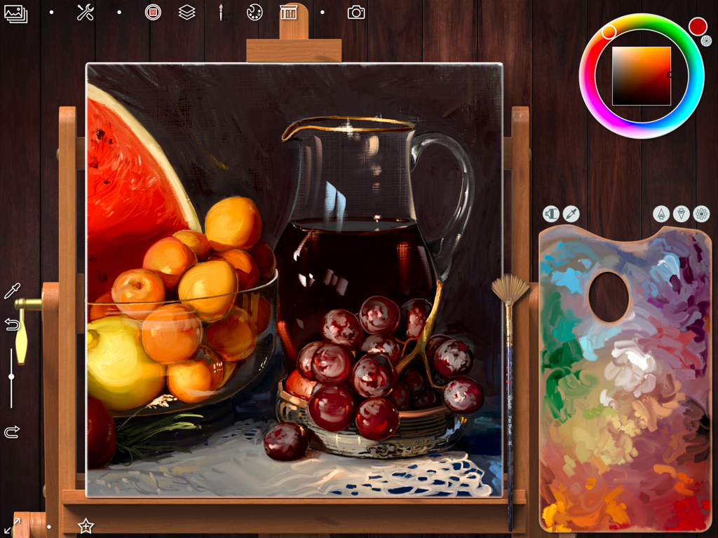 Realistic Paint Studio - Una pintura digital al óleo de una naturaleza muerta en un caballete virtual de madera dentro de la aplicación Realistic Paint Studio.