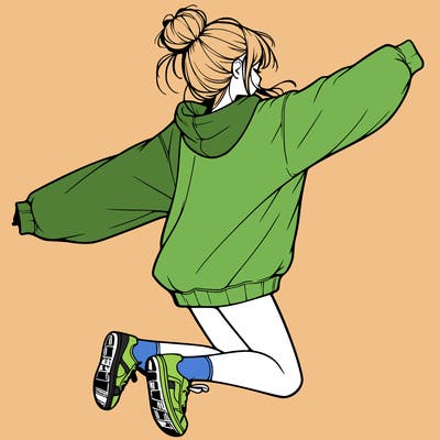 realistic girl jumping with a bun and oversized sweatshirt