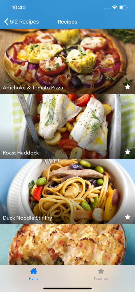 5:2 Fasting Diet Recipes - アーティチョークピザやコダラのローストなど、5:2ダイエット向けの様々な健康的なレシピが表示されたモバイルアプリの画面。