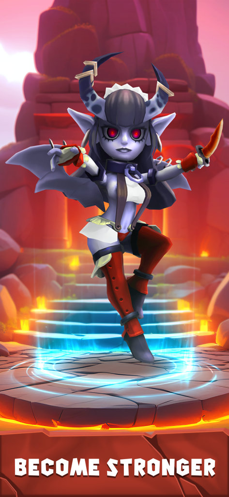 Combat Quest: Idle Dungeon RPG - 炎のダンジョンでポーズをとる角のある女性ヒーローキャラクター。「より強くなる」というテキストが表示されている