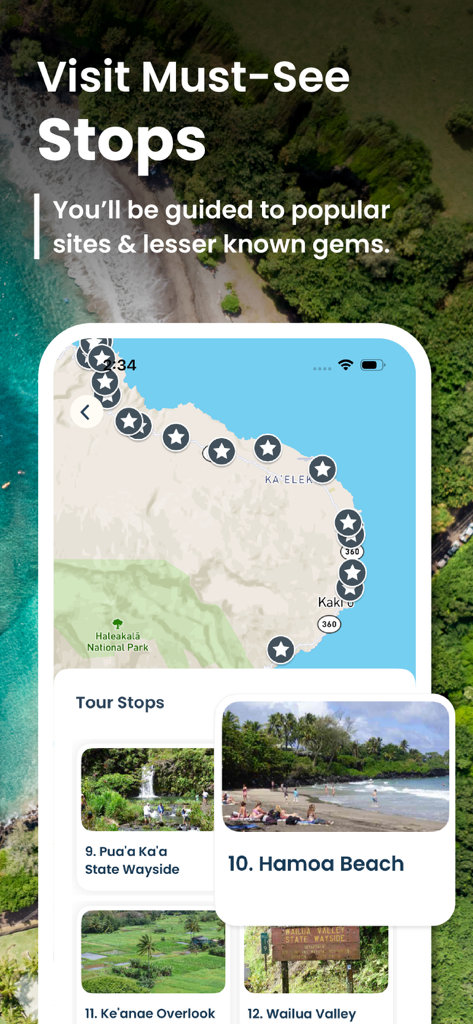 Shaka Guide App-Oberfläche mit einer Karte von malerischen Touristenattraktionen und detaillierten Ortsbeschreibungen für eine Roadtrip-Route.