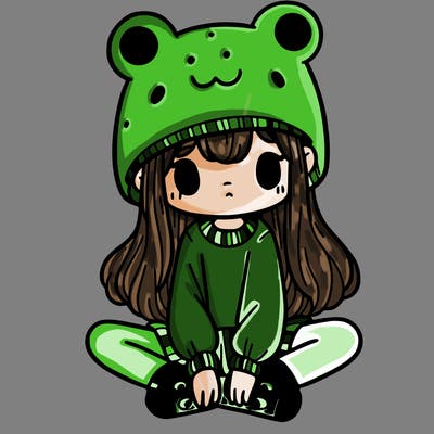 a girl wearing a frog hat and some frog socks