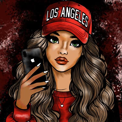 realistic beautiful girl wearing los ángeles cap holding an iphone