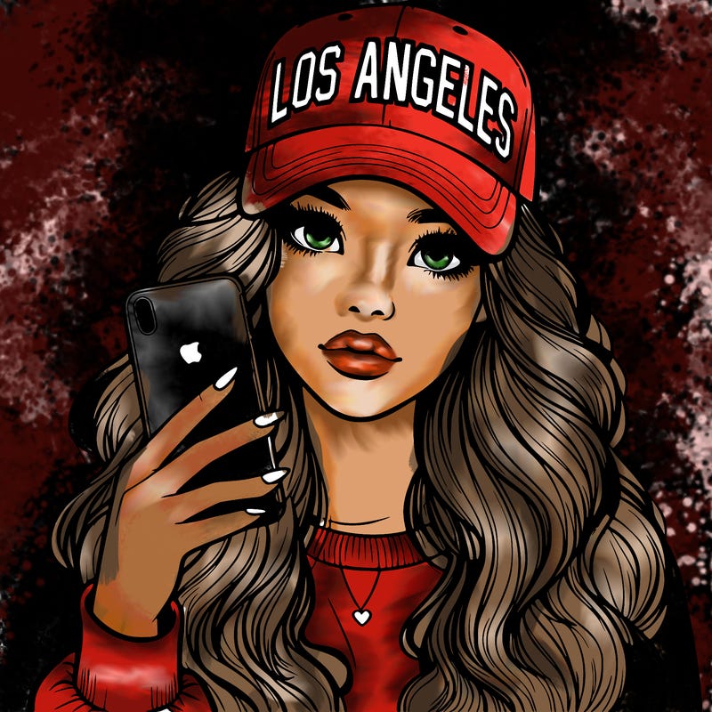 realistic beautiful girl wearing los ángeles cap holding an iphone