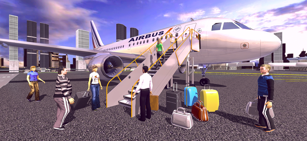 Flight Simulator 3D Plane Game - Pasajeros abordando un avión Airbus blanco con equipaje en un juego de simulador de vuelo 3D