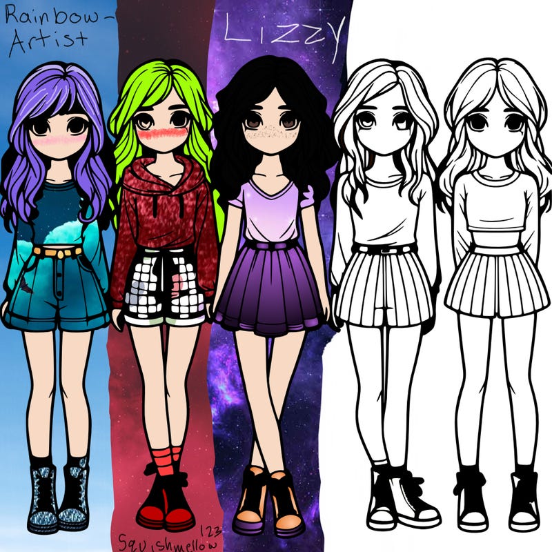 group of 6 realistic girls in a row