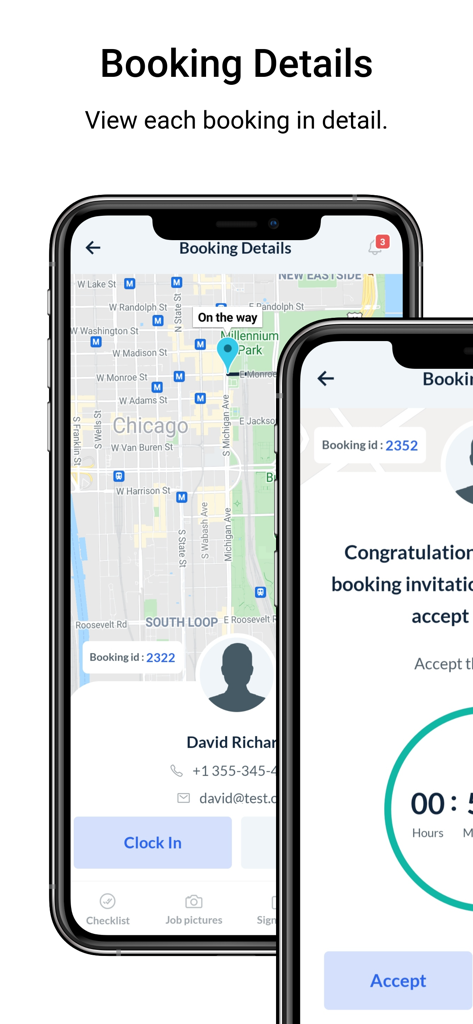 Buchungsdetailbildschirm mit Karte und Uhrzeit-Ein-Taste für Serviceprofis