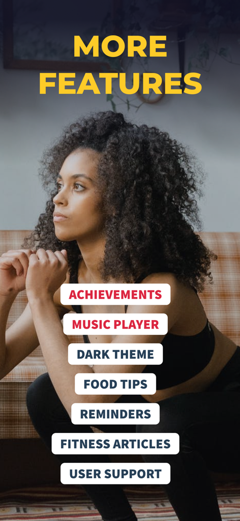 Perfect Abs: Six Pack Workouts - A woman in workout gear displayed with a list of app features including achievements, music player, and food tips.