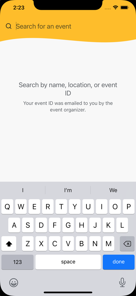 McDonald's Events Hub - Interfaz de búsqueda de la aplicación McDonalds Events Hub donde los usuarios pueden buscar eventos corporativos por nombre, ubicación o ID.
