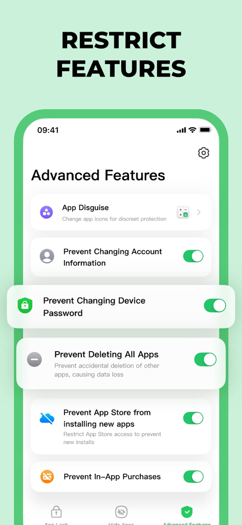 App Lock - AppLock Apps - Erweiterte Kindersicherungseinstellungen in App Lock mit Optionen zum Einschränken von App-Löschungen und In-App-Käufen.