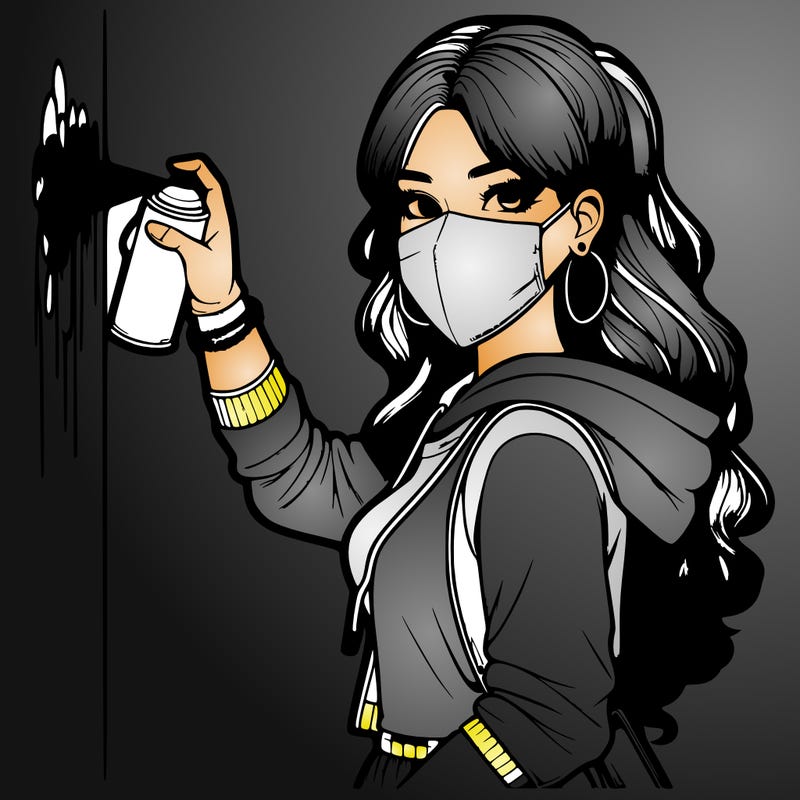 realistic girl with mask spray painting a wall