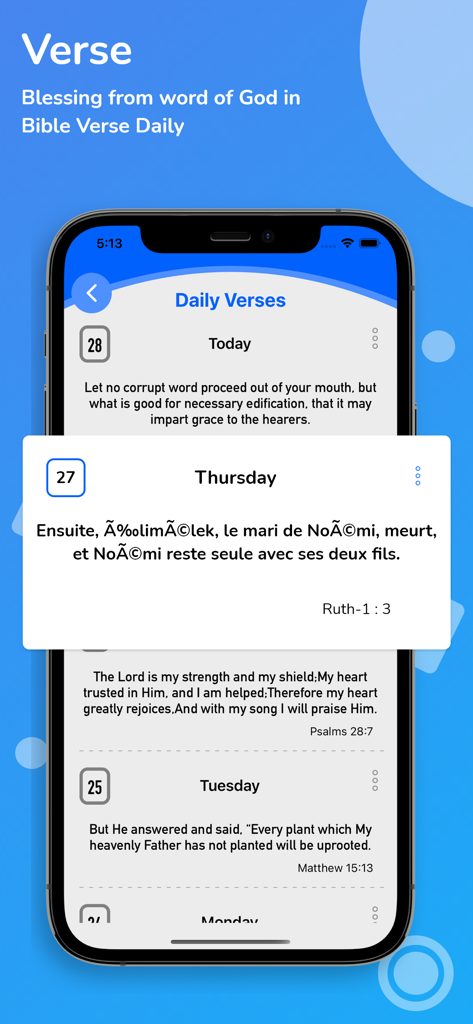 La Bible Du Semeur (BDS) - Écran Versets Quotidiens dans l'application La Bible Du Semeur montrant une liste de citations bibliques inspirantes.