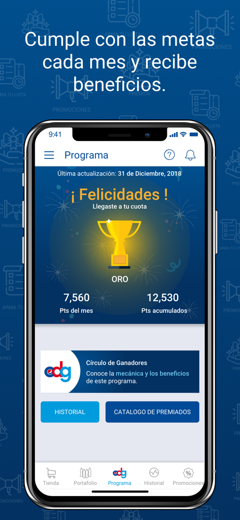 GEPP en tus manos app loyalty program screen displaying accumulated points and rewards trophy