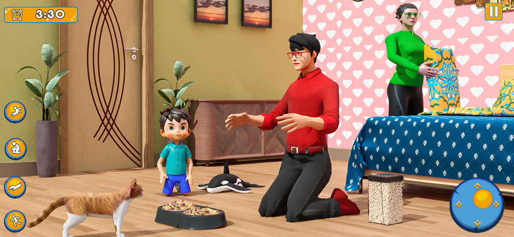 Mother Simulator BabyCare Game - Virtual mother simulator gameplay showing a family in a bedroom with a cat and child