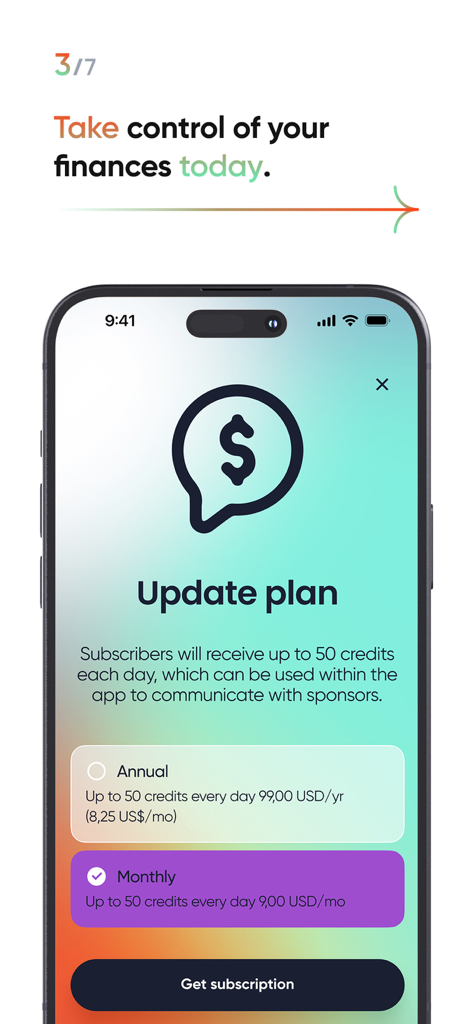 AI Finance Advisor - Écran de mise à jour de plan dans l'application Conseiller Financier IA montrant les options d'abonnement mensuel et annuel.