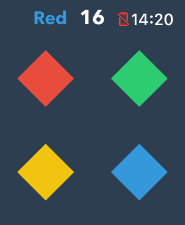 Screenshot of the Color Matcher mini game on Apple Watch showing four colored diamond tiles and a score of sixteen.
