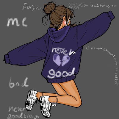 realistic girl jumping with a bun and oversized sweatshirt