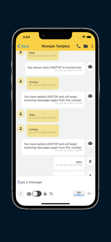 Emitrr - Emitrr mobile app screen showing a text message thread with automated bot responses for customer communication