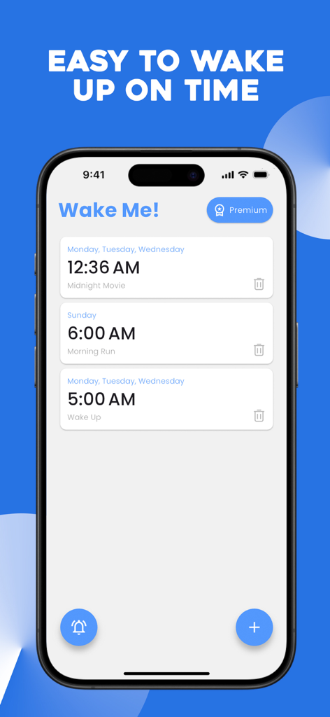 Wake Up - Math Alarm Clock - iPhone screen showing a list of set alarms in the Wake Up Math Alarm Clock app interface