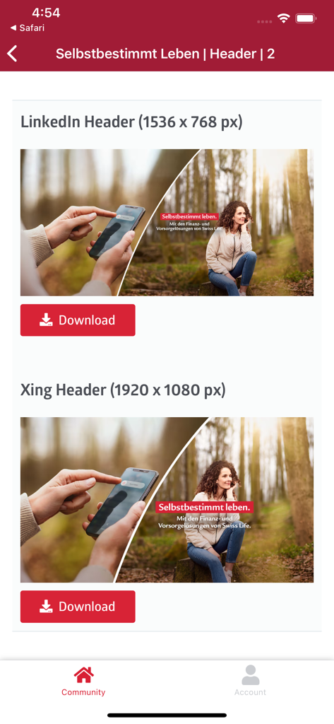 Brandvocate app screen for downloading branded LinkedIn and Xing header images