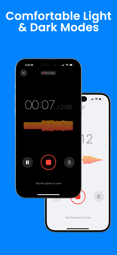 Smart Noter AI: Voice Notes - Smart Noter AI voice recording interface shown in both light and dark modes