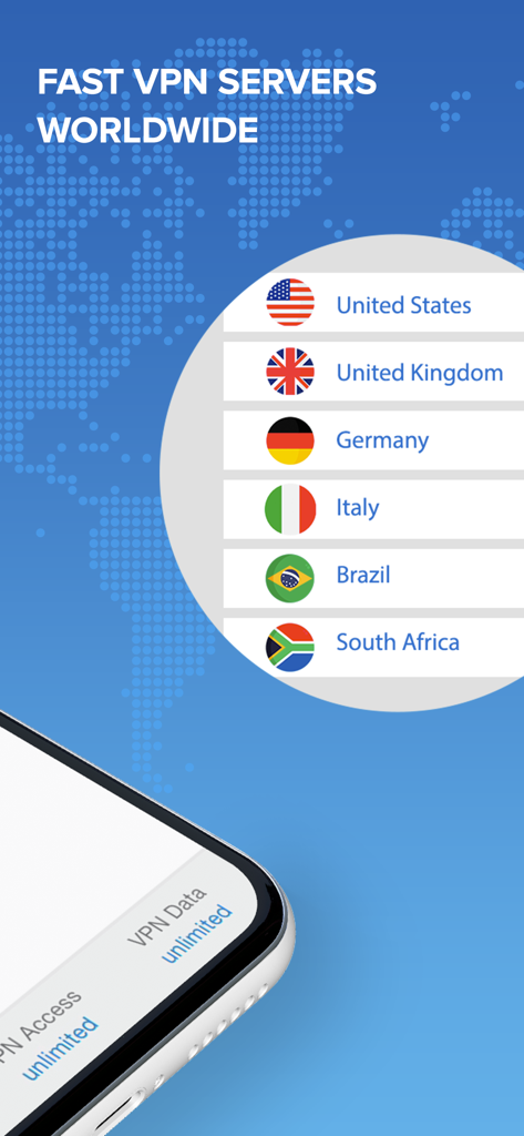 SecureVPN - WiFi VPN Proxy - SecureVPN app screen showing a list of fast worldwide servers including USA UK and Germany