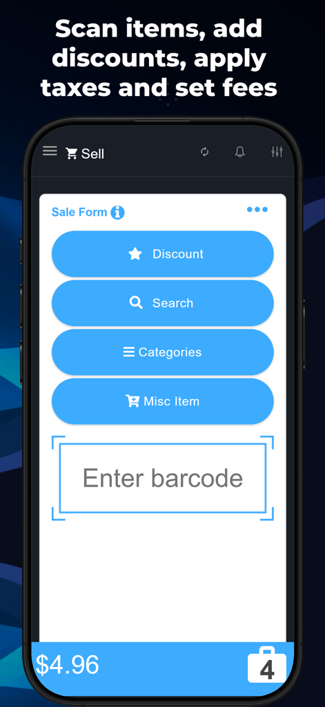 M&M POS - Payments For Stripe - M&M POS mobile app screen showing the sale form with barcode entry and discount options