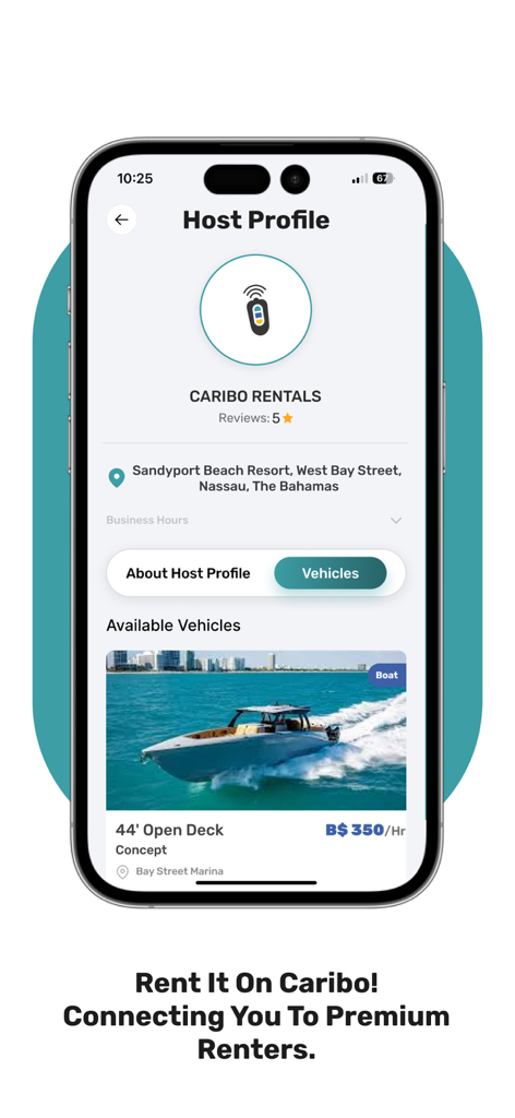 Caribo Bahamas 앱 화면 (나소의 이용 가능한 보트 렌탈 및 평가가 포함된 호스트 프로필 표시)