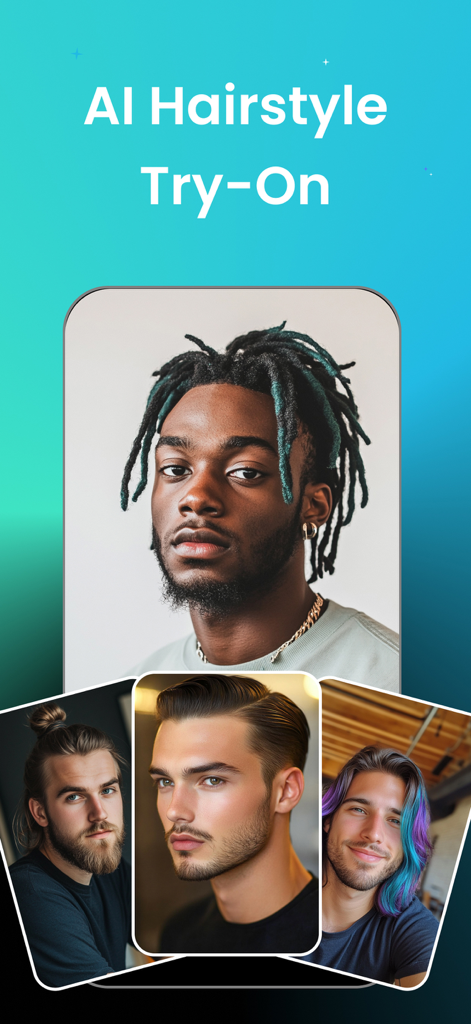 Hairstyle Try On: Hair cut - Interfaccia dell'app di prova acconciature AI che mostra vari tagli e colori di capelli da uomo