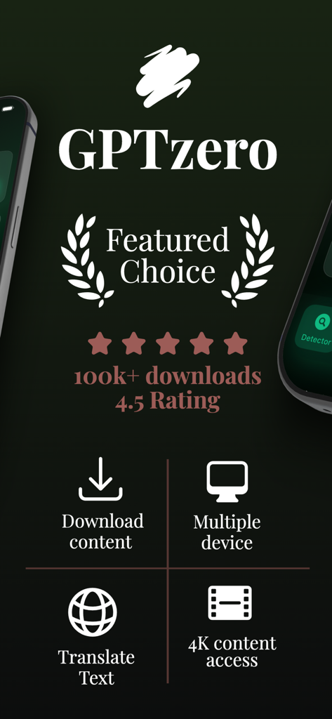 GPTzero AI humanize Detector - GPTzero app screen displaying featured choice status with 100k downloads and productivity tool icons