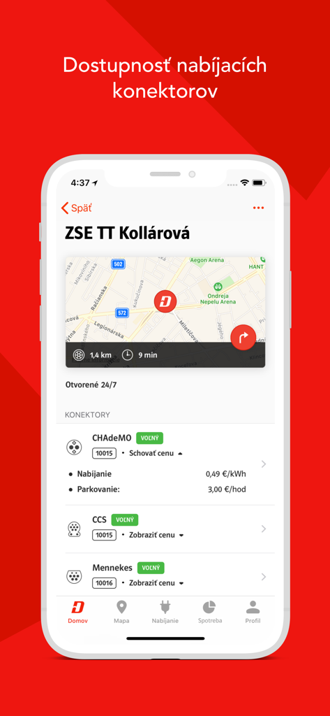 ZSE Drive app interface showing charging station details with connector availability and pricing.