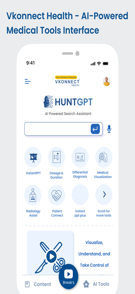 VKonnect Health app dashboard featuring HuntGPT AI search and various medical clinical tool icons