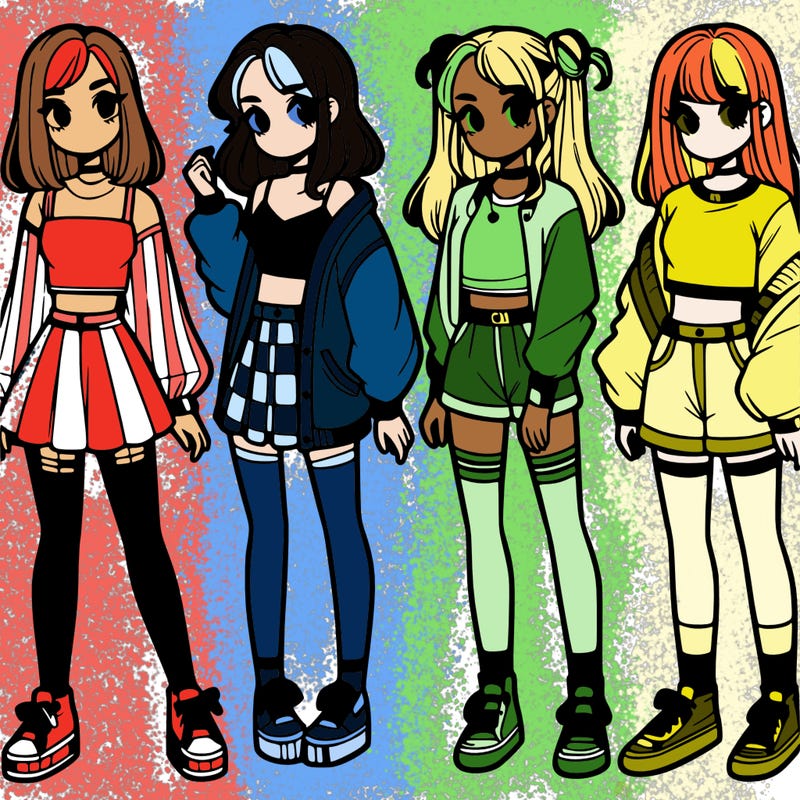 one girl with crop-top shirt and a jacket with a skirt, long socks and another girl with a shirt and pants with a jacket