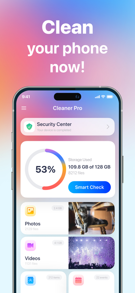 Interfaz de la aplicación limpiadora Purix que muestra el panel de uso de almacenamiento y el botón de comprobación inteligente en una pantalla de iPhone