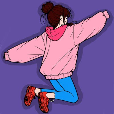 realistic girl jumping with a bun and oversized sweatshirt