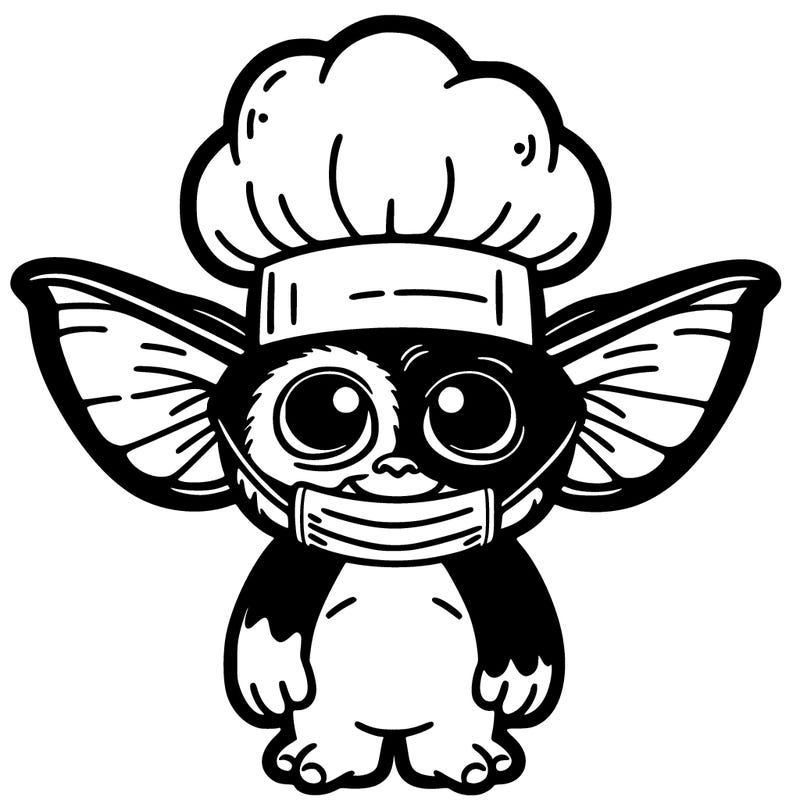 a small gremlin lock like a human named the noise have a mask that looks like a chef hat